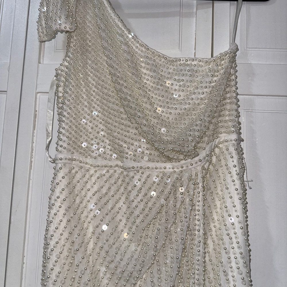 NWT | Mac Duggal 93735 White Pearl Soft Tie One Shoulder Gown Size 10 - Picture 7 of 14